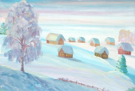 Зима в деревне рисунок