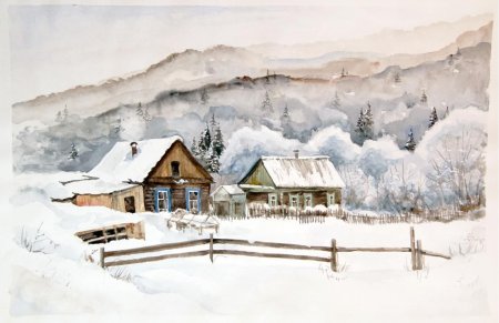 Рисование зимняя деревня