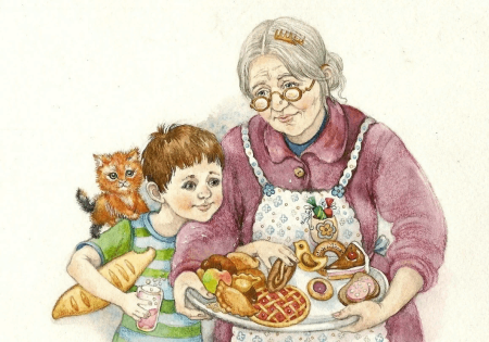 Внучка обнимает бабушку