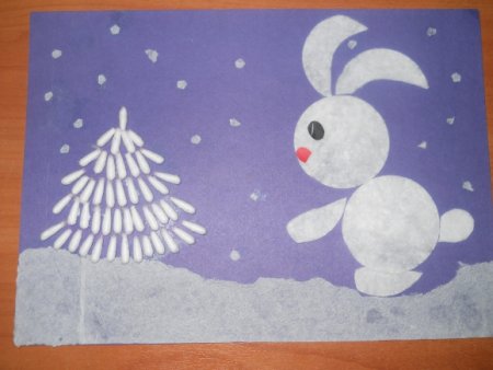 Зимняя аппликация из ватных дисков