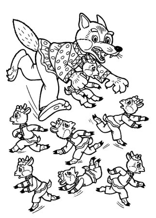 Раскраски по сказке волк и семеро козлят для детей