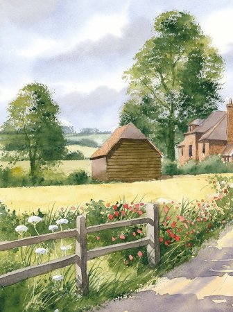 Деревенский пейзаж акварелью