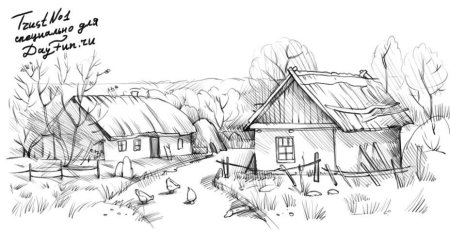 Деревенский пейзаж карандашом