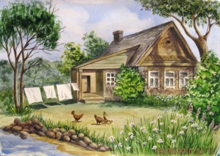 Сельский пейзаж цветными карандашами