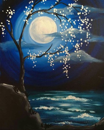 Пейзаж ночь гуашью