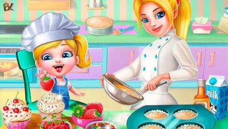 Мама готовит с детьми иллюстрация