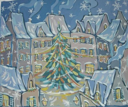 Зимний городской пейзаж гуашью