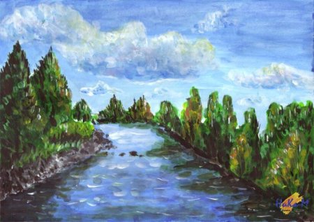 Речной пейзаж гуашью