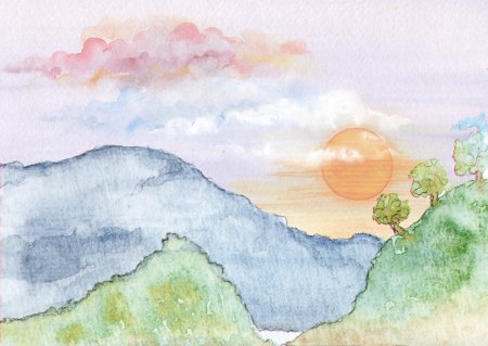 Горы в облаках акварель