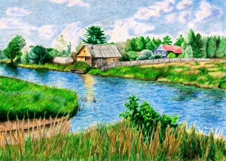 Сельский пейзаж цветными карандашами