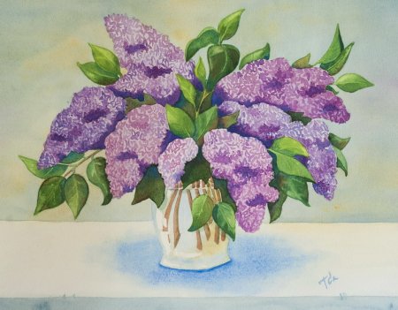 Сирень в вазе акварелью