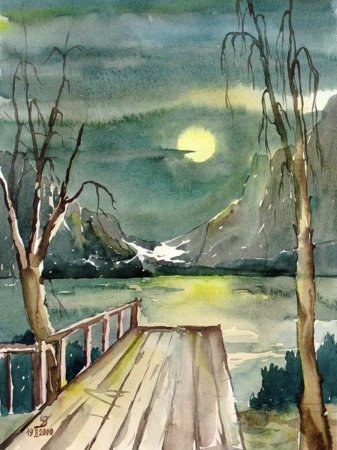 Пейзаж гуашью озеро