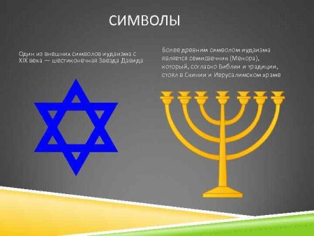 Шестиконечная звезда Давида и семисвечник Менора.