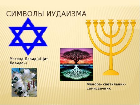 Шестиконечная звезда Давида и семисвечник Менора.