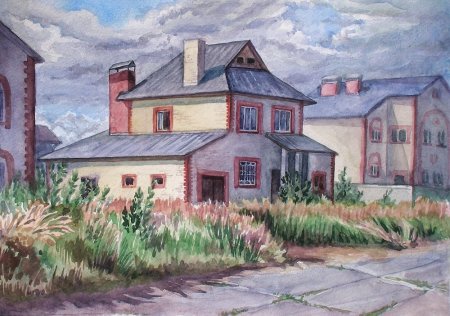 Деревенский пейзаж цветными карандашами