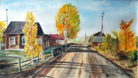 Деревенский пейзаж цветными карандашами