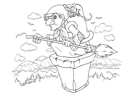 Баба Яга в ступе раскраска