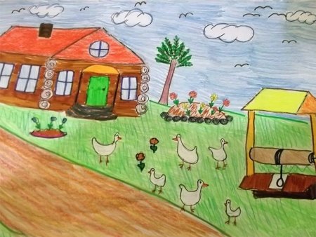 Детский рисунок домик в деревне