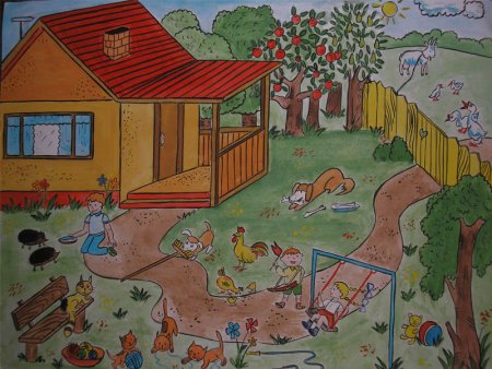 Деревенский дворик рисунок