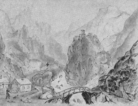 Дарьяльское ущелье с замком царицы Тамары. Карандаш. 1837