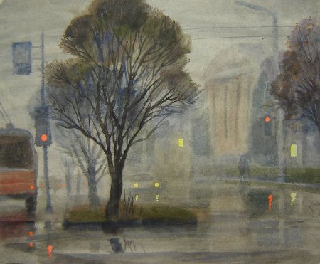 Дождливый пейзаж акварелью