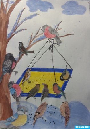 Рисование птицы зимой