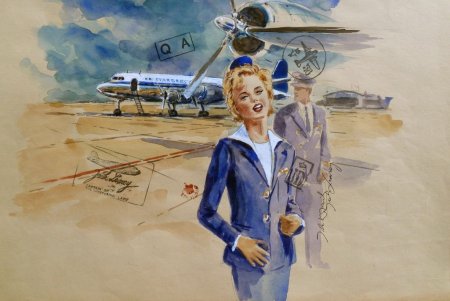 Рисунок стюардесса на фоне самолета