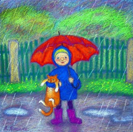 Дети под дождем живопись