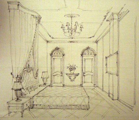 Интерьер дворянской усадьбы карандашом