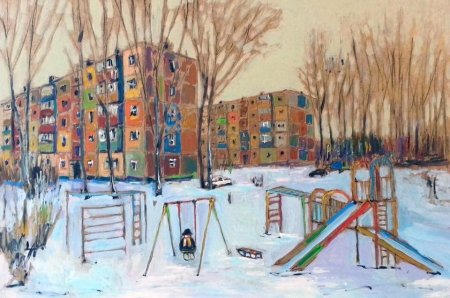 Школьный двор зимой нарисованный