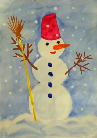 Снеговик красками для детей