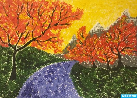 Техника пуантилизм дерево осеннее