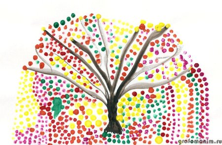 Дерево красками и ватными палочками