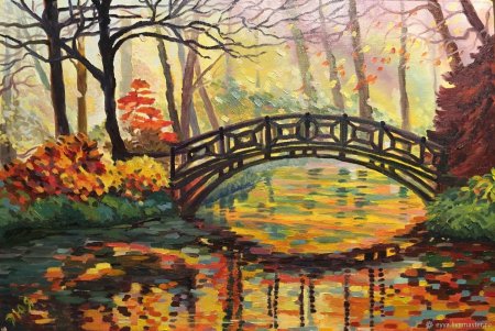 Пейзаж с мостом гуашью