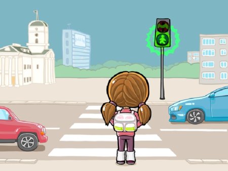 Дети переходят дорогу на зеленый