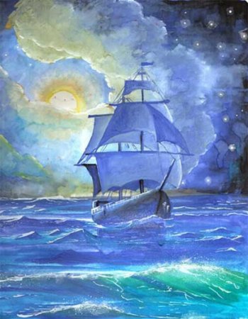 Корабль в море гуашью