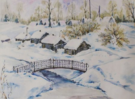 Рисование зима в деревне