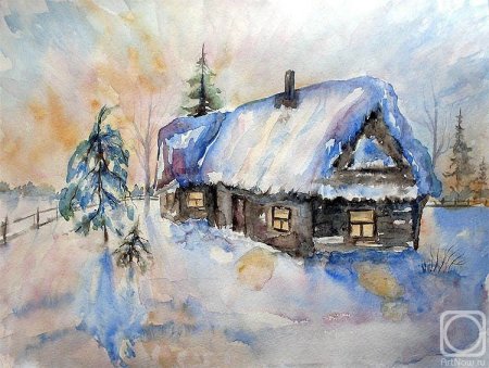 Зимний домик в лесу акварель
