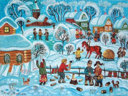 Зима в деревне рисунок