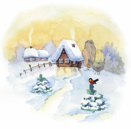 Зимний пейзаж с домиком акварелью