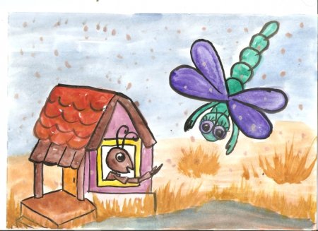 Рисунок на тему Стрекоза и муравей