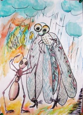 Стрекоза и муравей рисунок карандашом