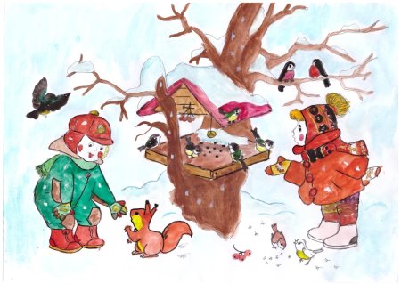 Рисование птицы на кормушке