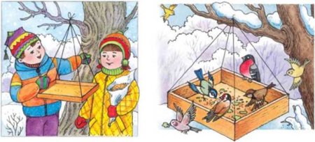 Дети развешивают кормушки для птиц рисунки