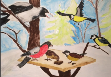 Рисование птицы на кормушке