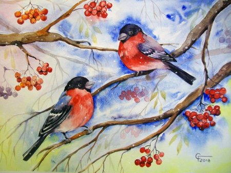 Рисование птицы зимой