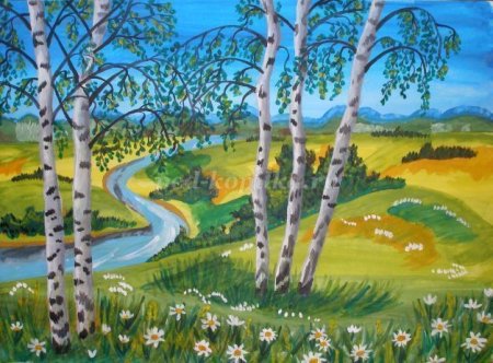 Летний пейзаж гуашью для детей