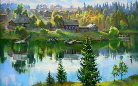 Пейзаж с березами гуашью