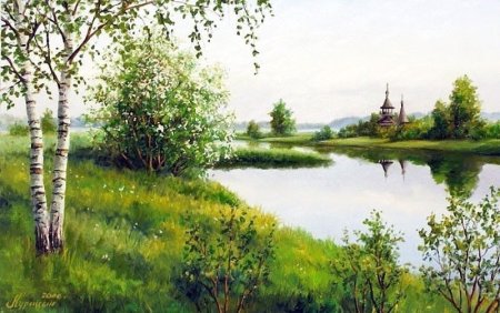 Пейзаж родного края с берёзами