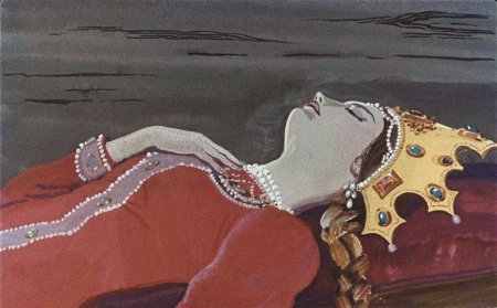 Иллюстрация к сказке о мертвой царевне и 7 богатырях